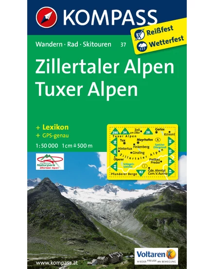 Cartographia-WK 37 Alpii Zillertal si Tux harta turistică  - Kompass WK 37-9783850265188