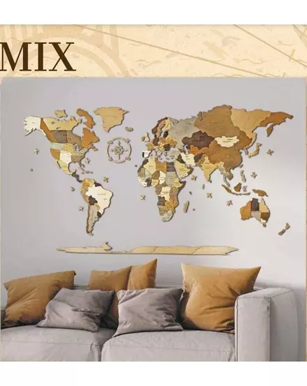 Cartographia - Harta lumii din lemn puzzle 3D – Harta de perete 3D - 130x70 cm - mix (engleza)