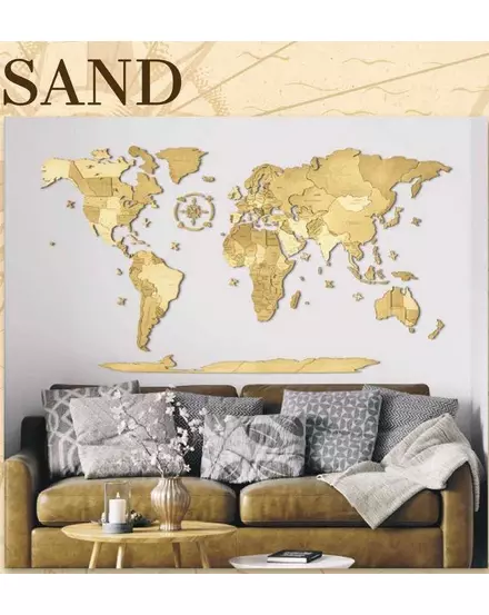 Cartographia - Harta lumii din lemn puzzle 3D – Harta de perete 3D - 130x70 cm - sand - engleza