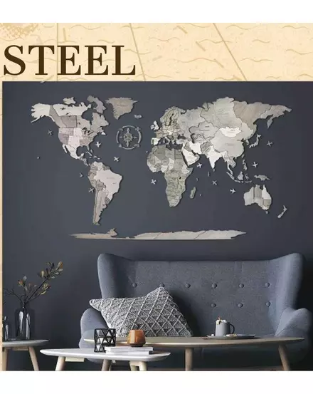 Cartographia - Harta lumii din lemn puzzle 3D – Harta de perete 3D - 200x110 cm – steel - engleza