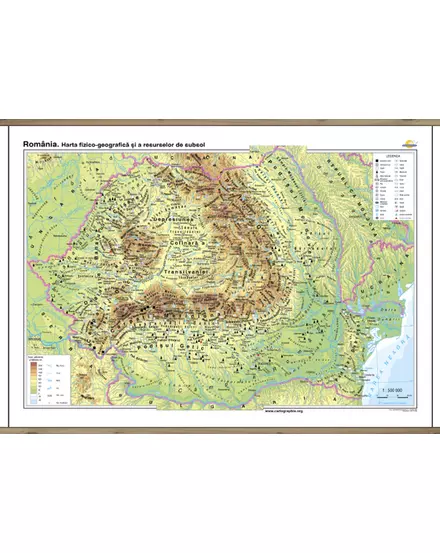Harta de perete-România. Harta fizico-geografică şi a resurselor naturale de subsol - bilingv