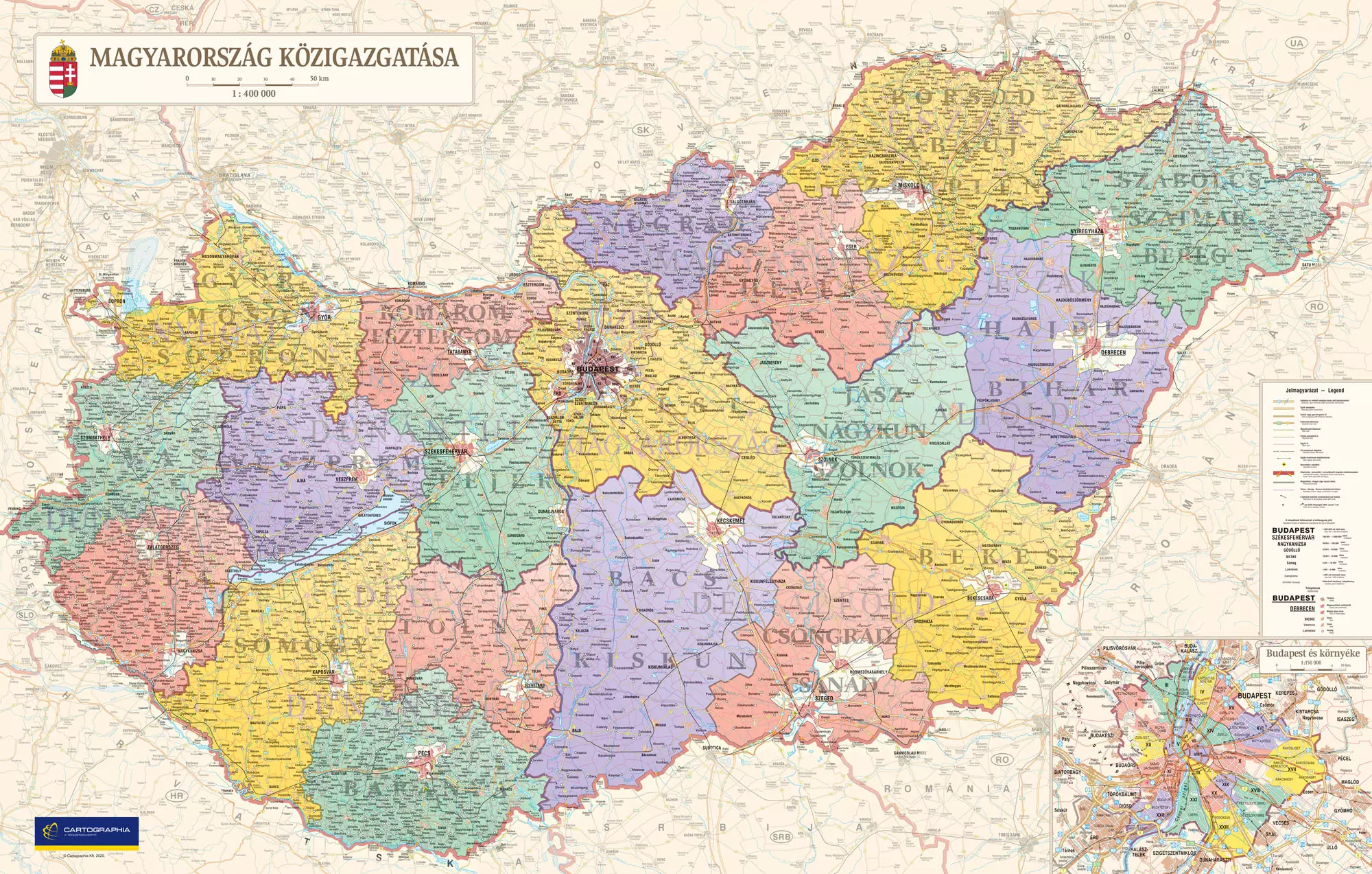 Harta administrativa Ungaria II., harta de perete (maghiară) - mărime și manoperă la alegere