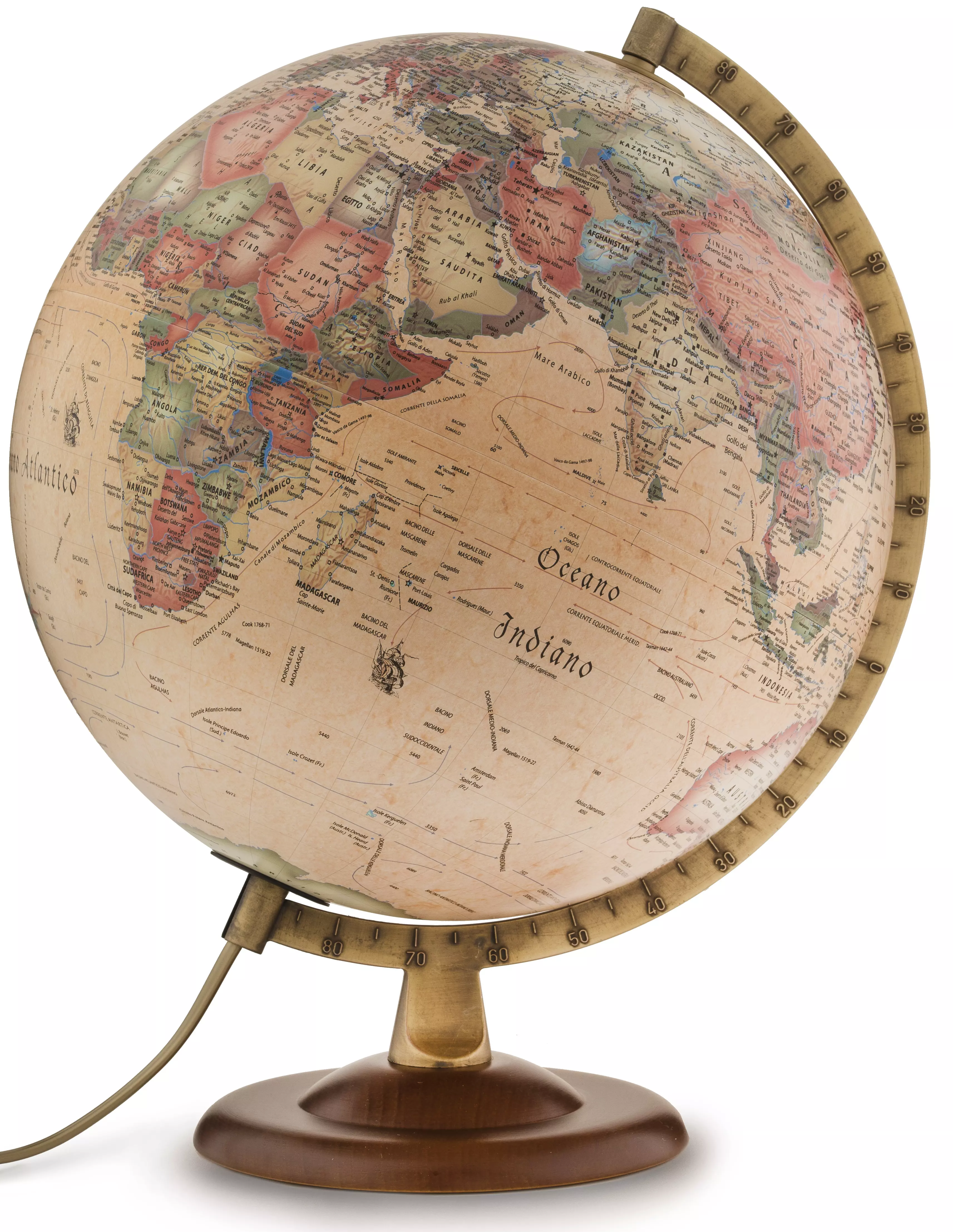 Glob pamantesc Antic, 30 cm - iluminat,  antic, talpa din lemn, meridian metalic (limba maghiara)