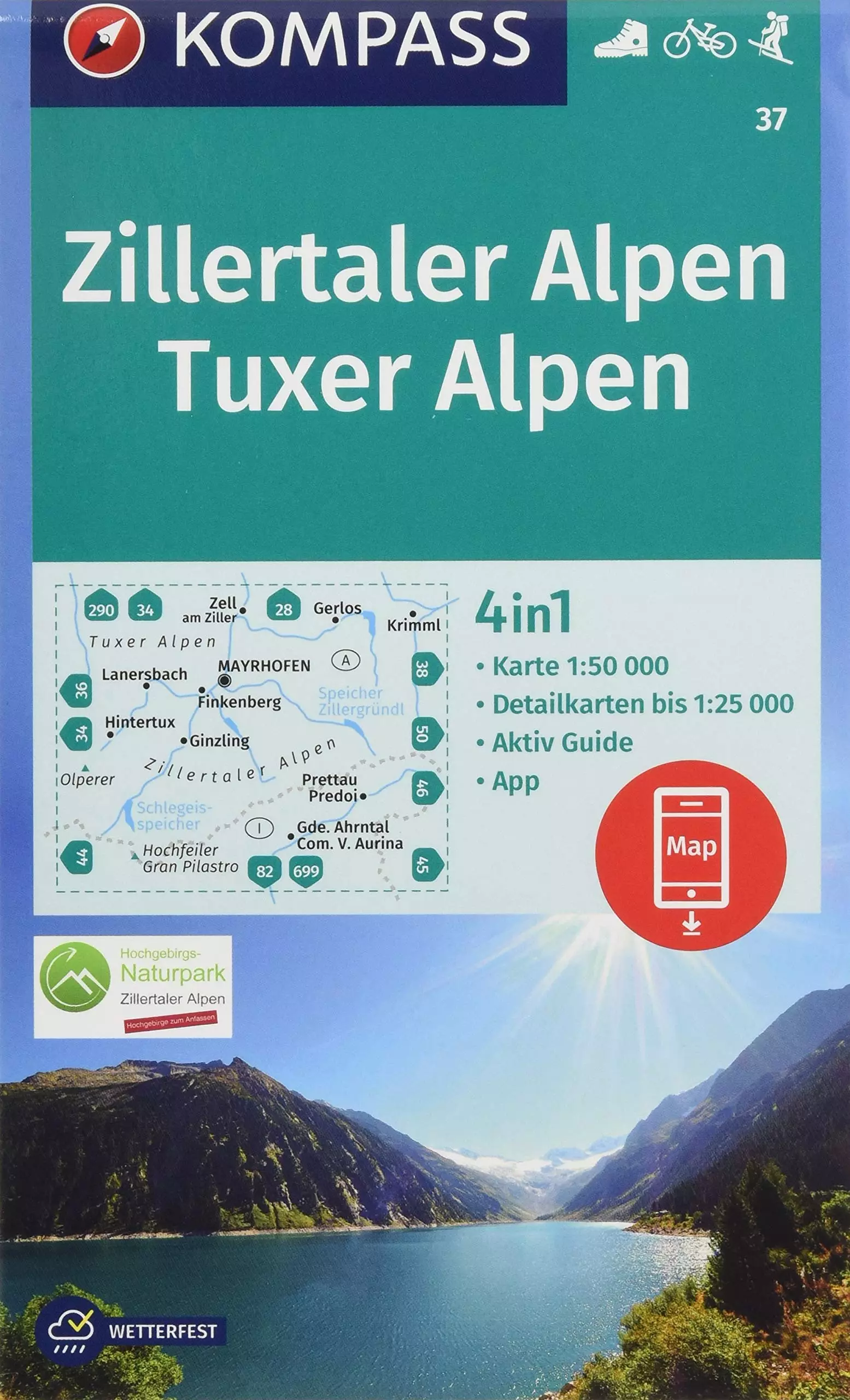 Zillertaler-Tuxer Alpen harta turistică 4in1