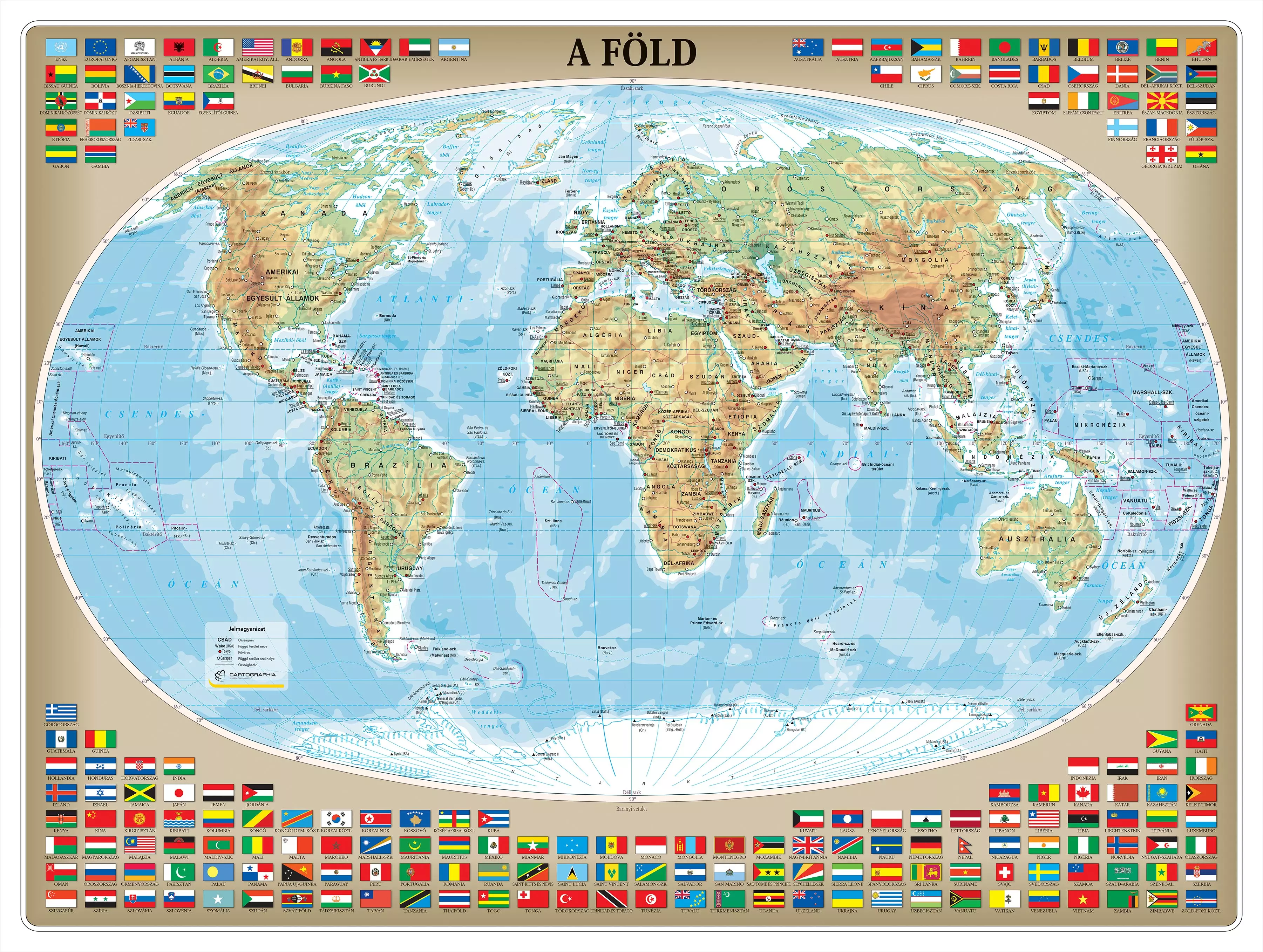 Harta geografica a lumii cu steaguri, harta de perete (maghiara) - marime si manopera la alegere