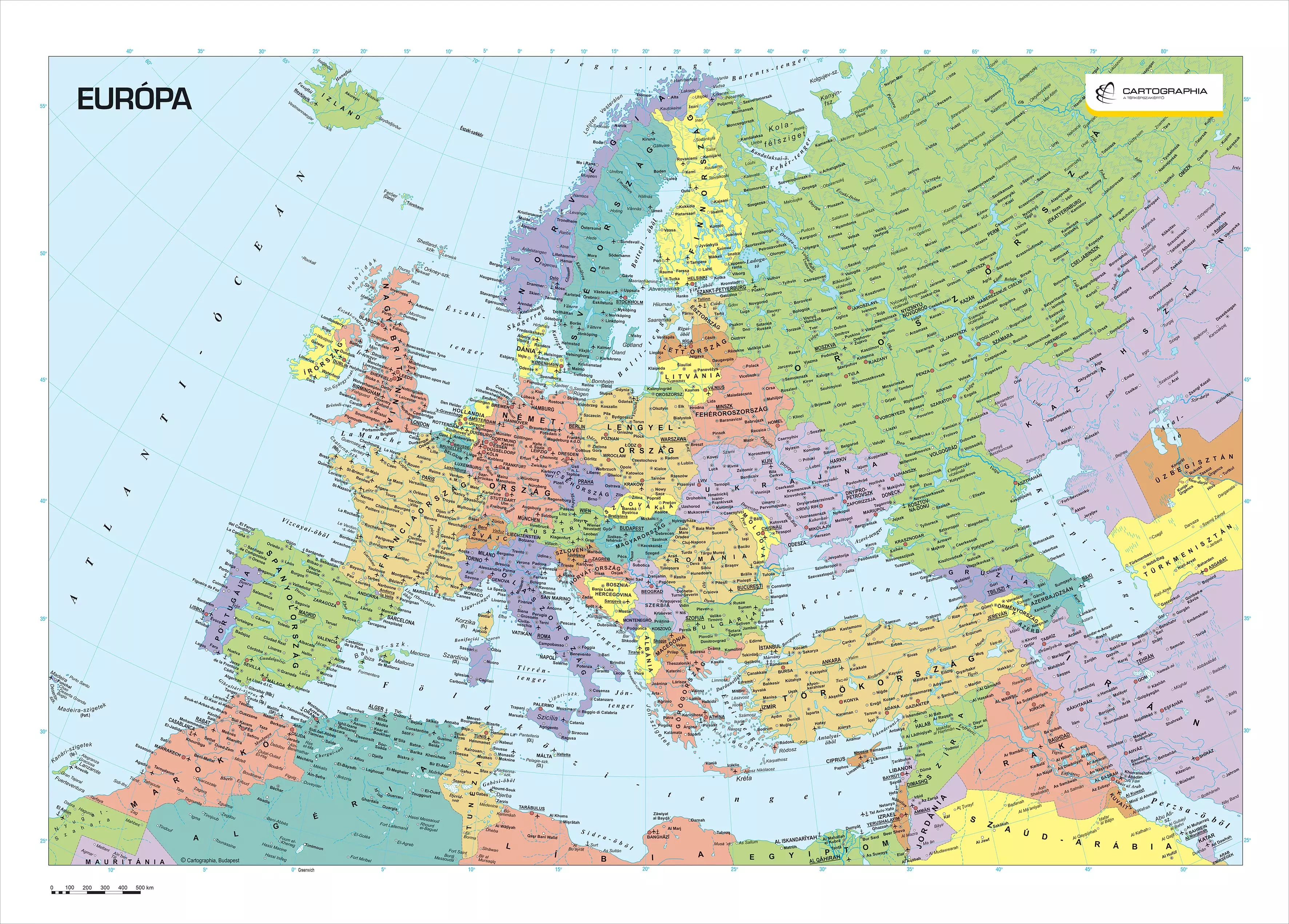Harta Europei I., harta de perete (maghiară) - mărime și manoperă la alegere