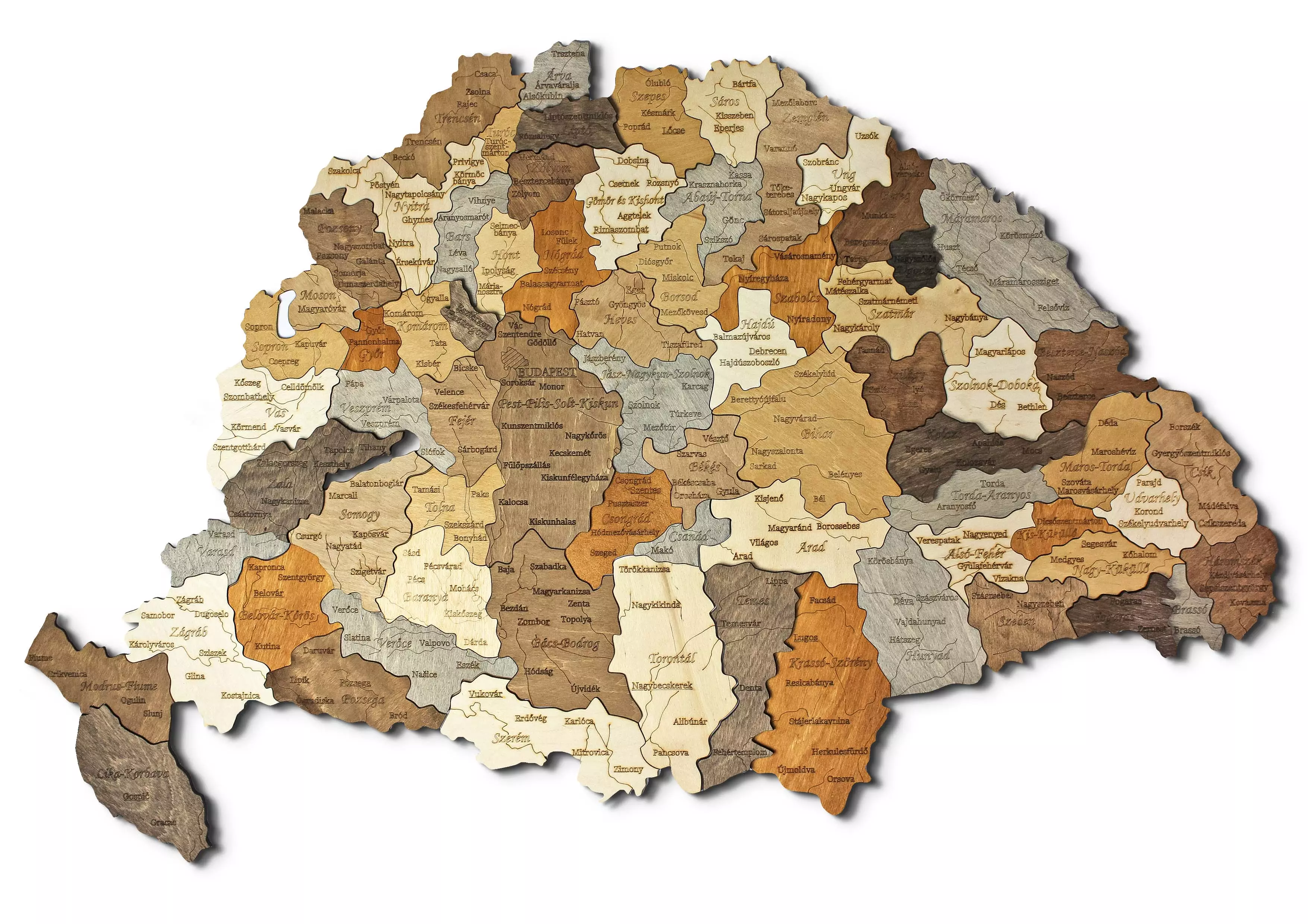 Ungaria - Harta istorica - Harta de perete puzzle 3D din lemn  - 100X66 cm
