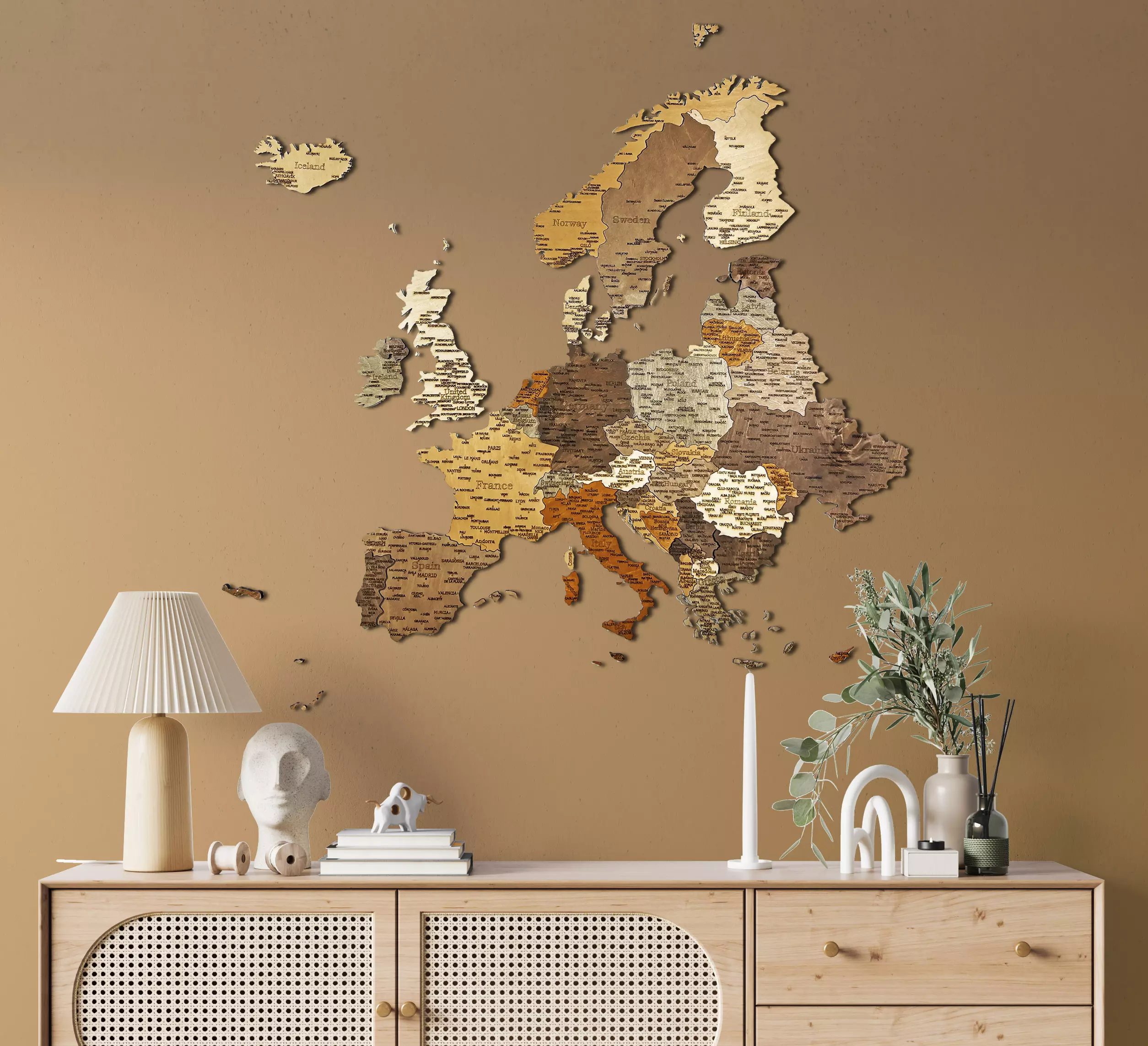 Harta Europa din lemn puzzle 3D – Harta de perete 3D - 110x108 cm - mix - romana