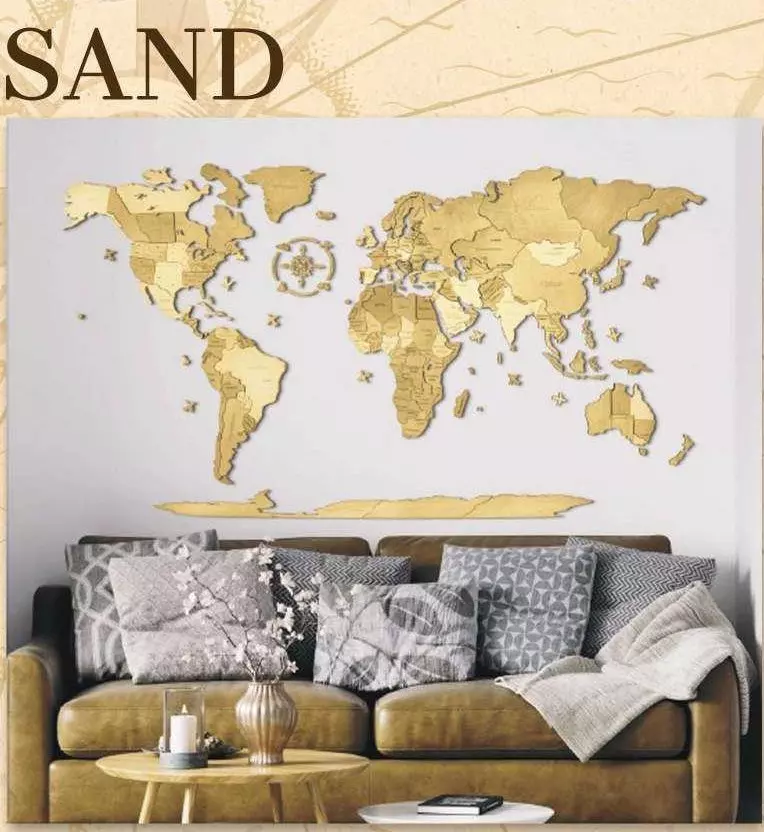 Harta lumii din lemn puzzle 3D – Harta de perete 3D - 130x70 cm - sand - engleza