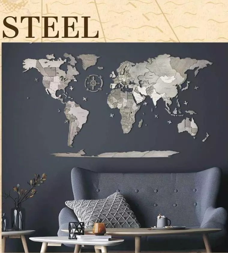 Harta lumii din lemn puzzle 3D – Harta de perete 3D - 130x70 cm - steel - engleza
