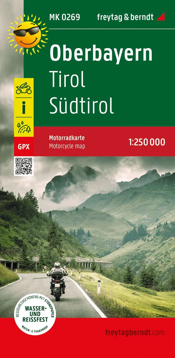 Bavaria Superioară - Tirol - Tirolul de Sud i harta pentru motociclisti (moto), 1:250 000 - Freytag