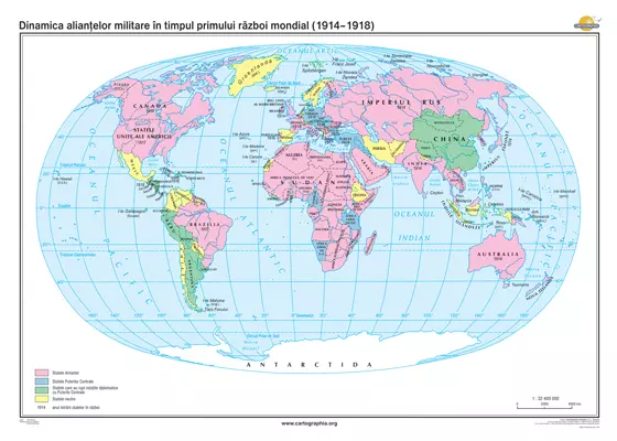 Harta istorice de perete-Dinamica aliantelor militare in timpul primului razboi mondial(1914-1918)