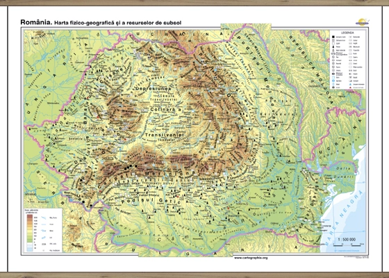 Harta de perete-România. Harta fizico-geografică şi a resurselor naturale de subsol - bilingv
